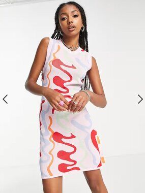 ASOS Urban Revivo Womens Dress 8 Sleeveless Knit Abstract Design Pink Maximalist